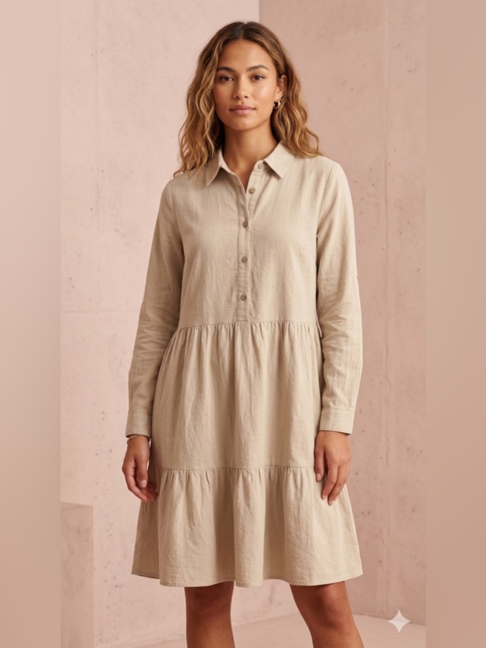 KAFFE Long-Sleeve Tiered Shirt Dress in Beige
